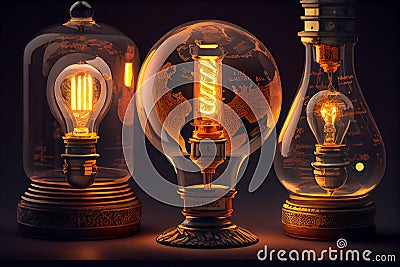 Retro vintage style soft amber hue glowing filament edison ligt bulbs dark transparent background. Set of vintage Cartoon Illustration