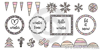 Retro vintage typographic design elements. Arrows, labels, tars, snowflakes, icicles, frame, snowbanks Vector Illustration