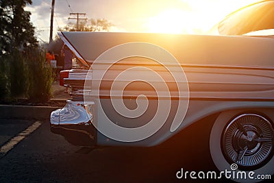 Retro vintage white car. Autoshow. Stock Photo