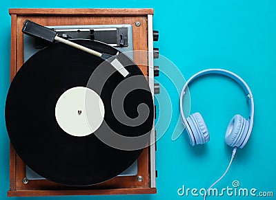 Retro vinyl record player, headphones Stock Photo