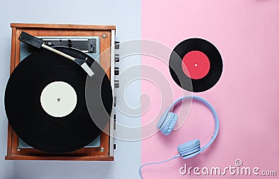 Retro vinyl record player, headphones Stock Photo