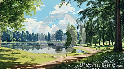 Retro Visuals: Green Grass Lawn And Lake Painting In Anime Aesthetic Stock Photo