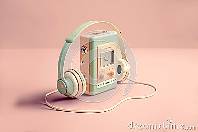 Retro walkman with headsets on the table soft pop style. Generative AI Stock Photo
