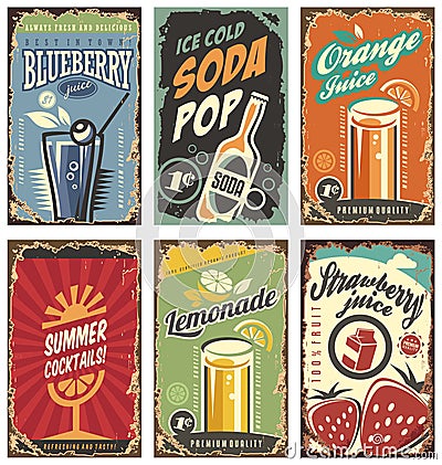 Retro wall decor with juices and drinks set Vector Illustration