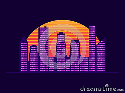 Retro wave city landscape in the style of the 80s. Synthwave futuristic city sunset. Light in the windows of skyscrapers. Design Vector Illustration