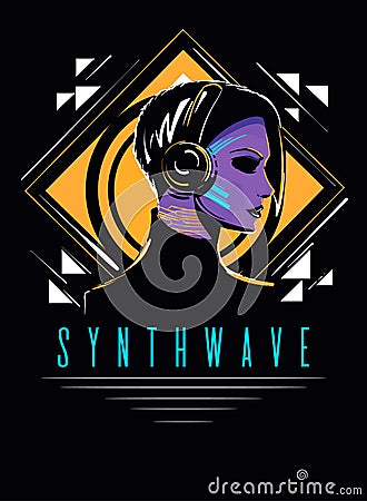 Retro wave girl with short hair in the 80s style. Futuristic sky-Fi woman on yellow and white geometric shapes background Cartoon Illustration