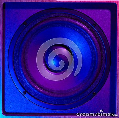 Retro wave from 80s. Frontal image audio speaker with neon light. Synthwave and vaporwave concept Stock Photo
