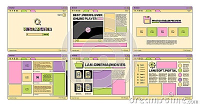 Retro web pages. 80s old style ui template web design elements buttons dividers banners place for text icons garish Vector Illustration