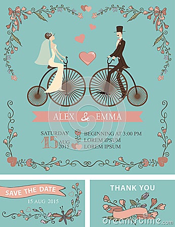 Retro wedding invitation.Bride,groom,retro bicycle Vector Illustration