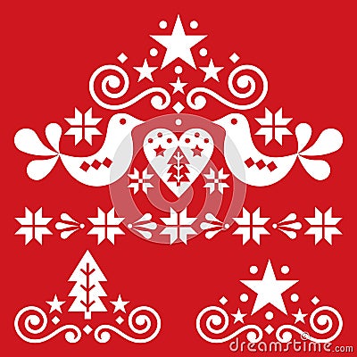 Xmas scandinavian white folk art vector design set - Christmas single patterns collection, cute floral ornament with birds, snowfl Stock Photo