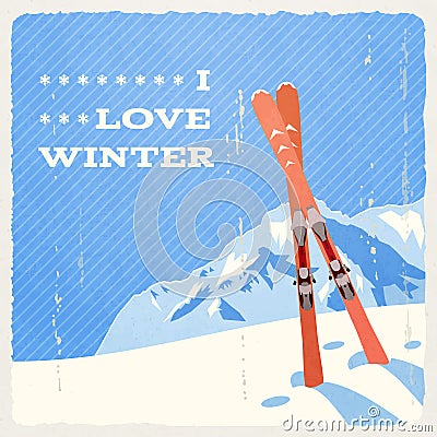 Retro Winter Landscape with Skies Vector Illustration