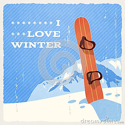 Retro Winter Landscape with Snowboard Vector Illustration