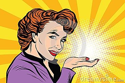 Retro woman advertising and light on the palm Vector Illustration