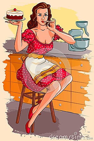 Retro woman baking cake Cartoon Illustration