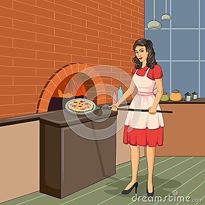 Retro woman baking pizza in fire oven Cartoon Illustration