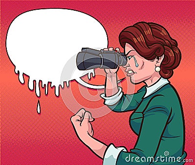 Retro woman crying while looking through binoculars Vector Illustration