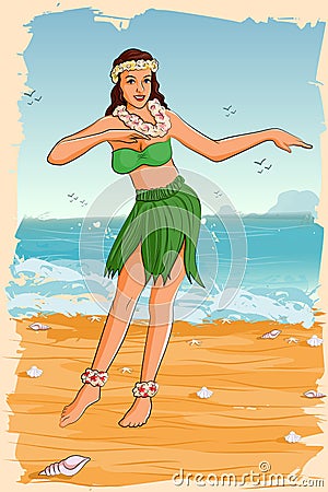 Retro woman dancing in Hawaiian dress Cartoon Illustration