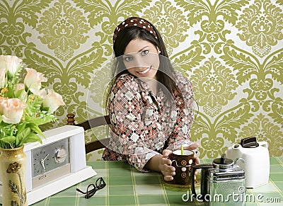 Retro woman drinking cafe on wallpaper kitchen Stock Photo
