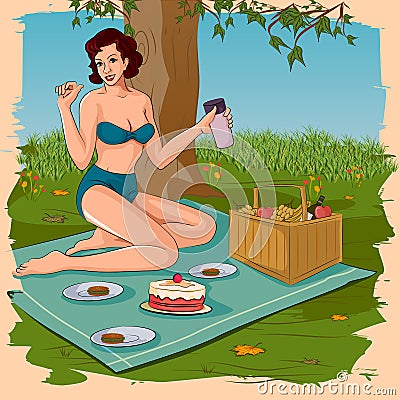 Retro woman enjoying food in picnic Cartoon Illustration