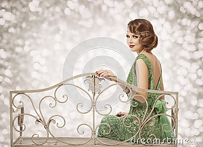 Retro Woman Portrait, Beautiful Lady with Wave Hairstyle Sitting Stock Photo