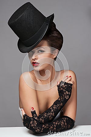 Retro Woman Portrait Cabaret hat Stock Photo