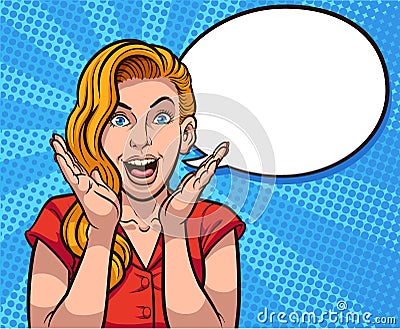 Retro illustration of excited woman screaming with a speech balloon Vector Illustration