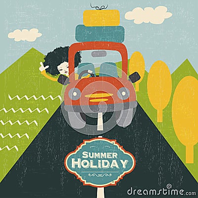 Retro woman traveling by car Cartoon Illustration