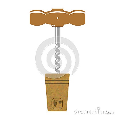 Retro Wood Corkscrew Icon for Opening Wine Bottle Cup Isolated on White Background. Wine Traditional Cork Stopper Vector Illustration