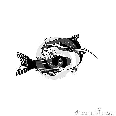 North American Blue Catfish Ictalurus Furcatus Swimming Up Retro Woodcut Black and White Vector Illustration