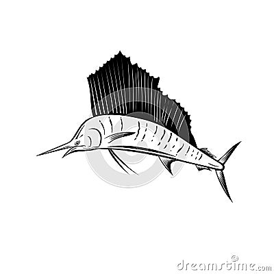 Indo-Pacific Sailfish or Billfish Jumping Up Side Retro Woodcut Black and White Vector Illustration