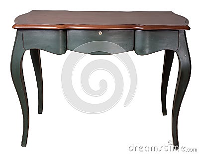 Retro wooden desk table with dark green legs and three drawers isolated on white background including clipping path Stock Photo