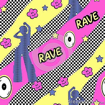 Retro Y2K vector seamless pattern. Dancing rave girl, wavy background. Checkerboard, 00s 90s nostalgic fashion fabric Vector Illustration