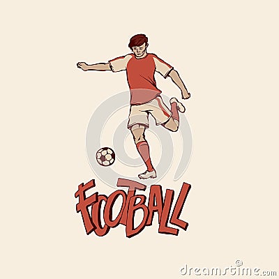 Retro young football soccer in sports uniform going to kick ball. Vintage footballer motion. Vector outline illustration Vector Illustration