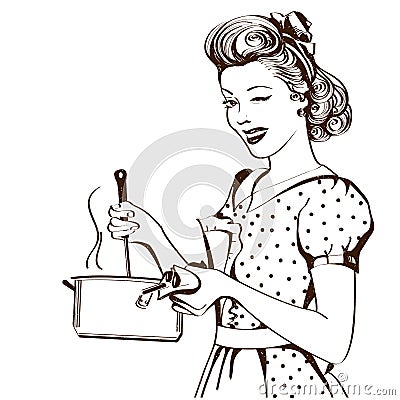 Retro young woman in retro clothes cooking soup in her kitchen r Vector Illustration