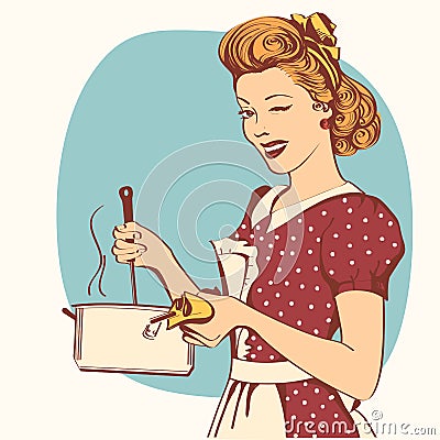 Retro young woman in retro clothes cooking soup. Vector Illustration