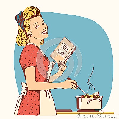 Retro young woman in red old fashioned dress cooking soup in her Vector Illustration