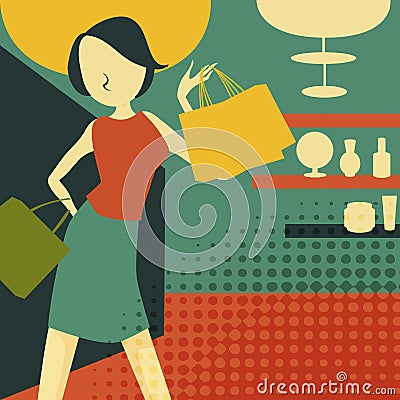 Retro young woman at shopping Vector Illustration