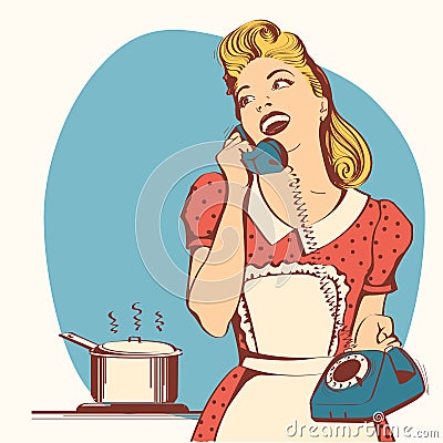 Retro young woman talking on phone in her kitchen.Vector color i Vector Illustration