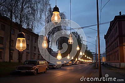 retrofit of modern street lights with vintage bulbs in lofi city Stock Photo