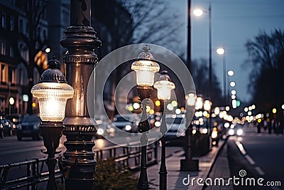 retrofit of modern street lights with vintage bulbs in lofi city Stock Photo