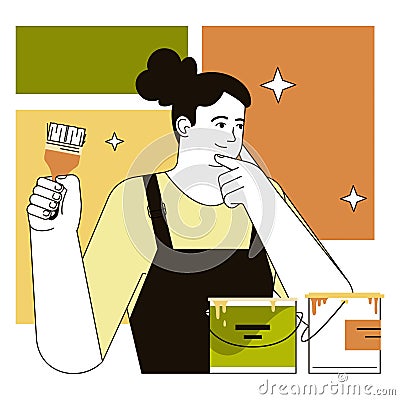 Retrofit movement. Character doing a home renovation. Old house Vector Illustration