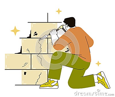 Retrofit movement. Character doing a home renovation. Old house Vector Illustration