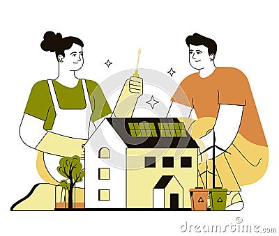 Retrofit movement. Couple doing a home renovation together. Old house Vector Illustration