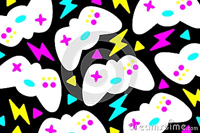 Retrofuturistic background with gamepad and graphic elements. Game backdrop Vector Illustration