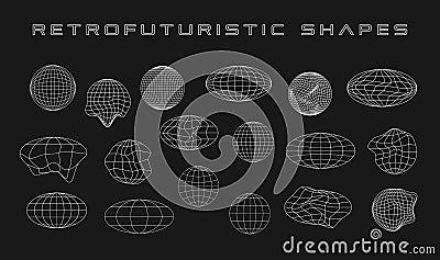 Retrofuturistic collection of cyber shapes. Set of cyberpunk planet shapes. Trendy design elements. Wireframe ellipse Vector Illustration