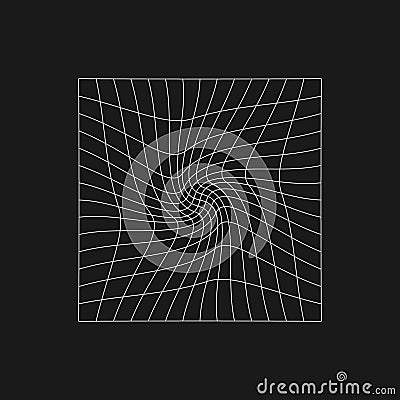 Retrofuturistic cyberpunk grid with a twist in center. Cyber design element. Distorted grid in 80s style. Cyber geometry Vector Illustration
