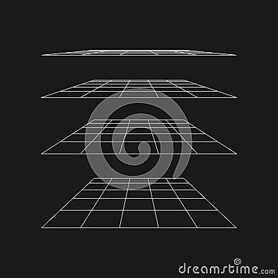 Retrofuturistic flat perspective grid at different angles. Cyber retro design element. Flat perspective in cyberpunk 80s Vector Illustration