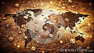 Retrofuturistic Global Network A captivating abstract background showcasing interconnected dots and lines evoking a Stock Photo