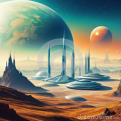 Retrofuturistic landscape in Retro science fiction scene with futuristic Generated Cartoon Illustration