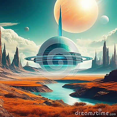 Retrofuturistic landscape in Retro science fiction scene with futuristic Generated Cartoon Illustration